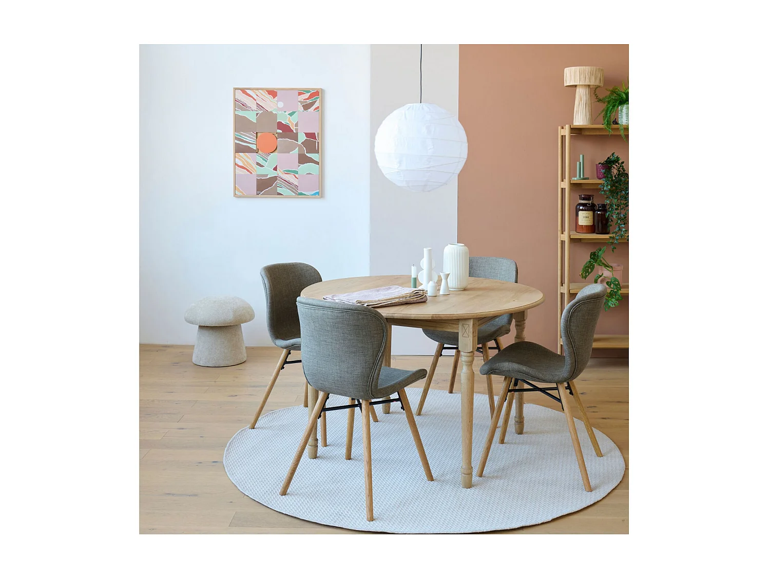 Table ronde extensible pieds tournés D115 + 4 chaises tissu - VICTORIA