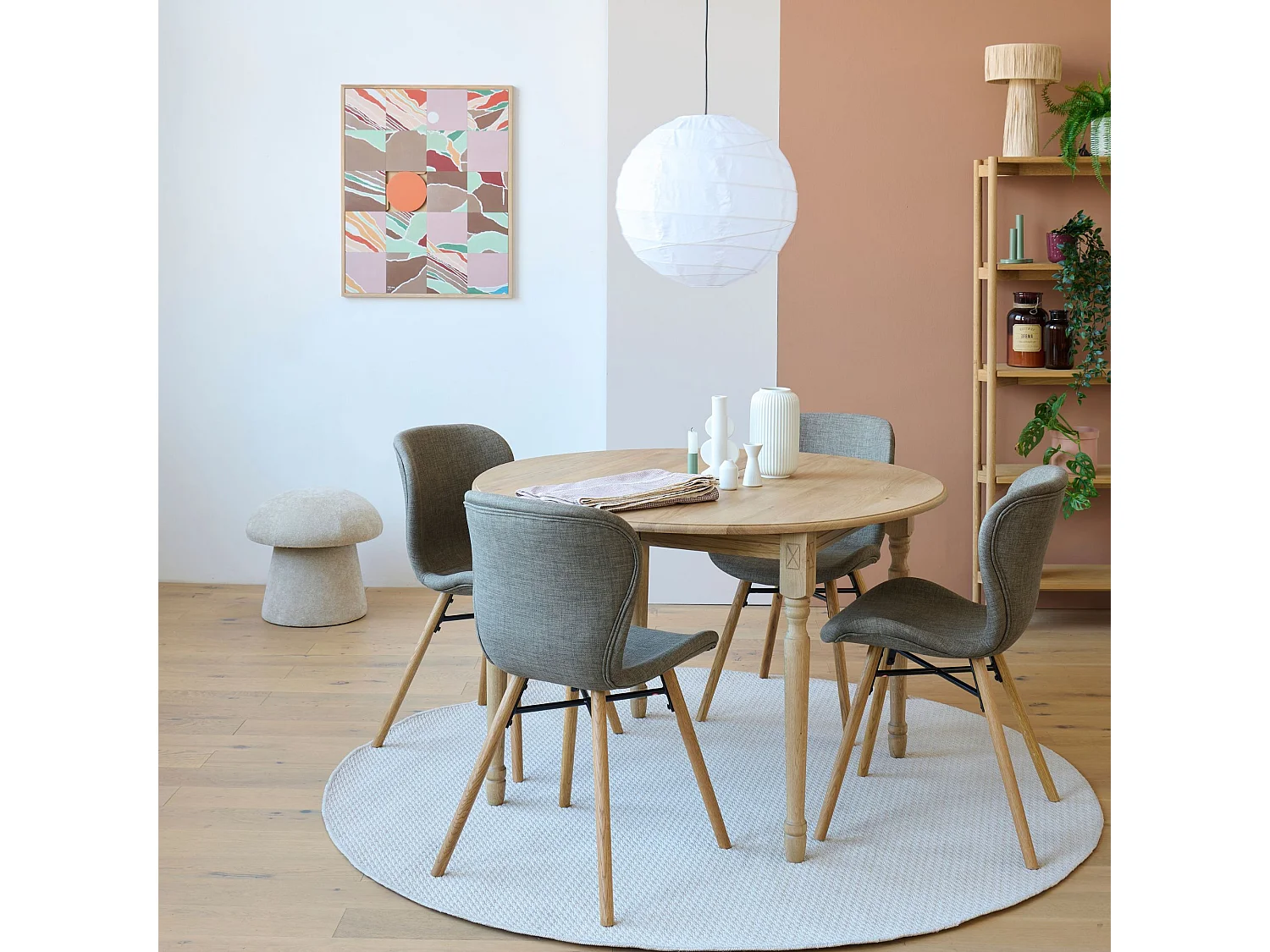 Table ronde extensible pieds tournés D115 + 4 chaises tissu - VICTORIA