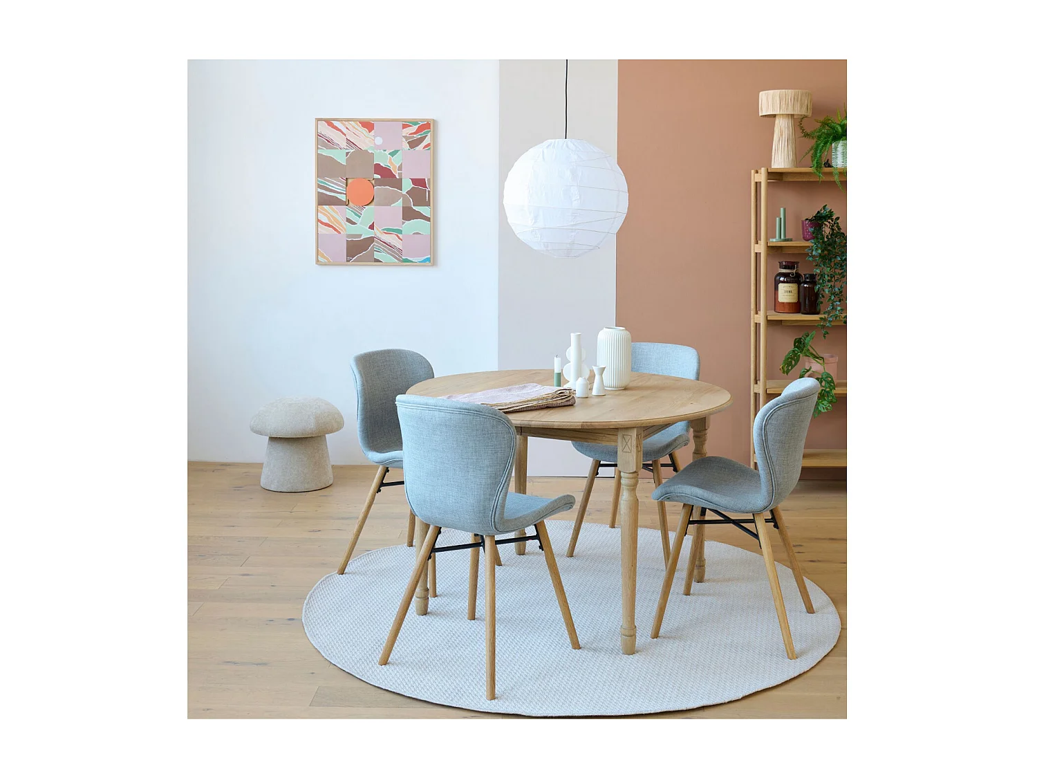 Table ronde extensible pieds tournés D115 + 4 chaises tissu - VICTORIA