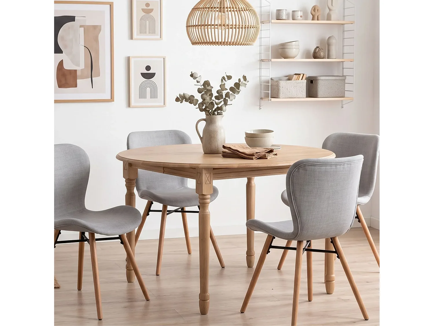 Table ronde extensible pieds tournés D115 + 4 chaises tissu - VICTORIA