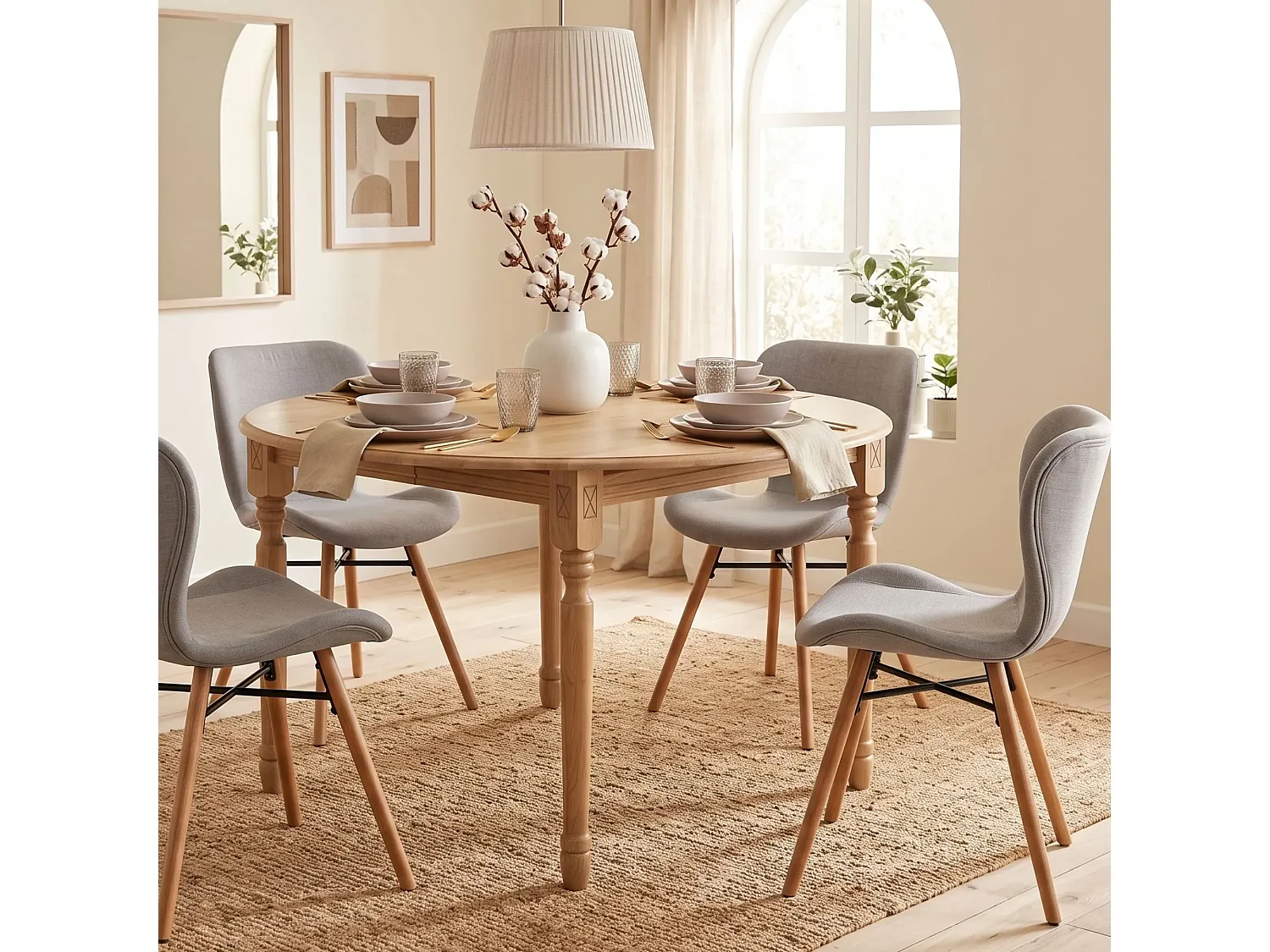 Table ronde extensible pieds tournés D115 + 4 chaises tissu - VICTORIA