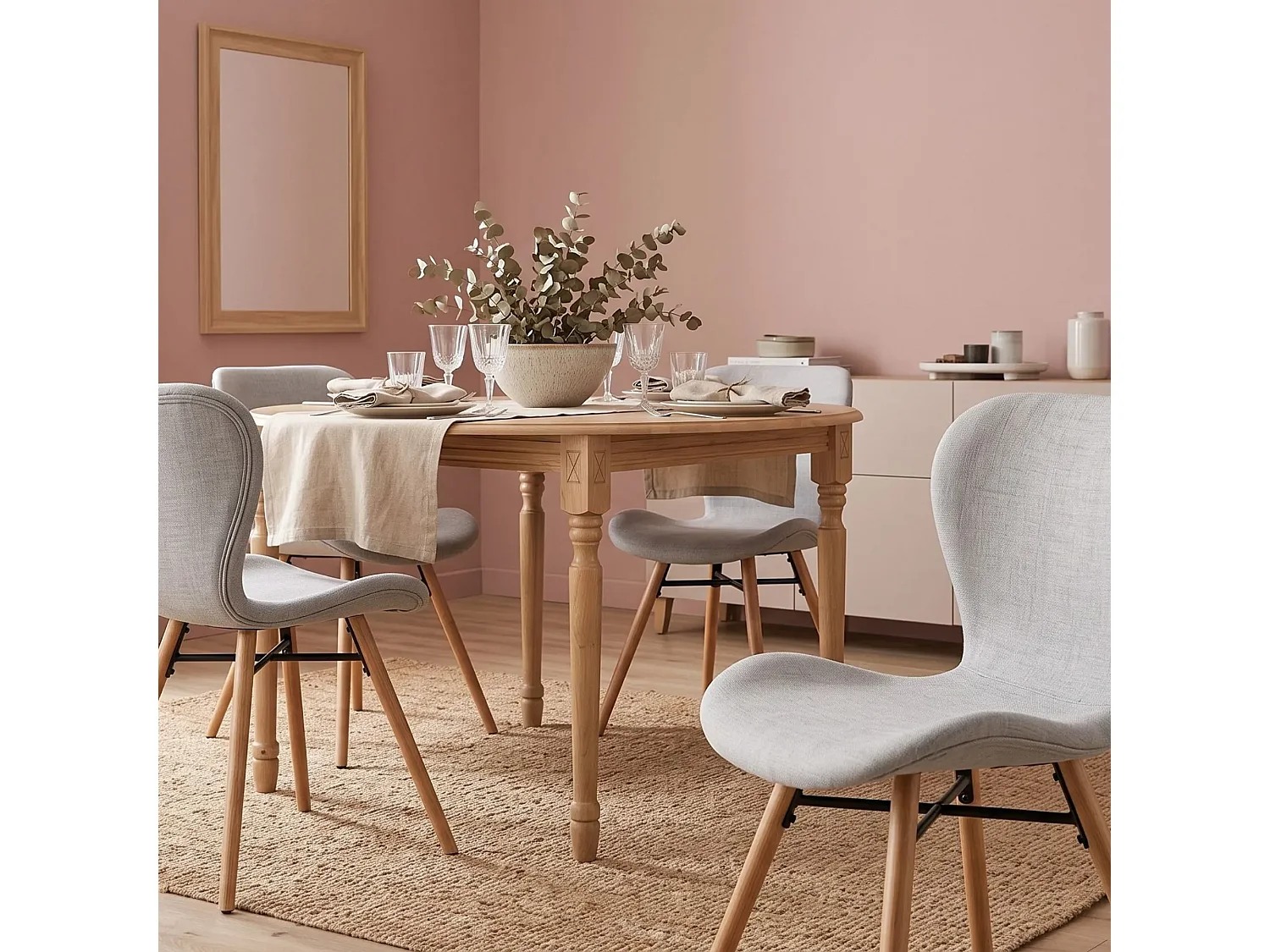 Table ronde extensible pieds tournés D115 + 4 chaises tissu - VICTORIA