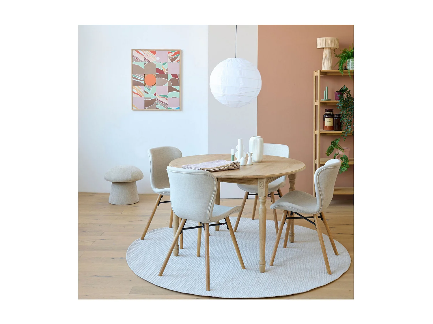 Table ronde extensible pieds tournés D115 + 4 chaises tissu - VICTORIA