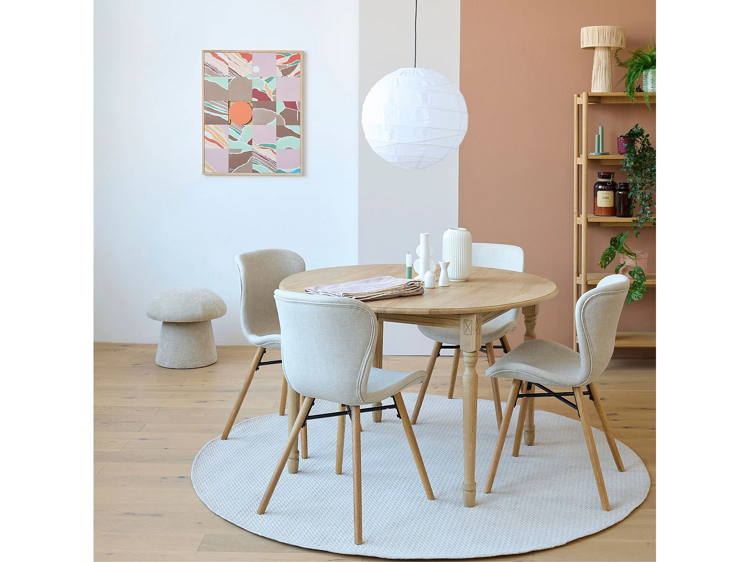 Table ronde extensible pieds tournés D115 + 4 chaises tissu - VICTORIA