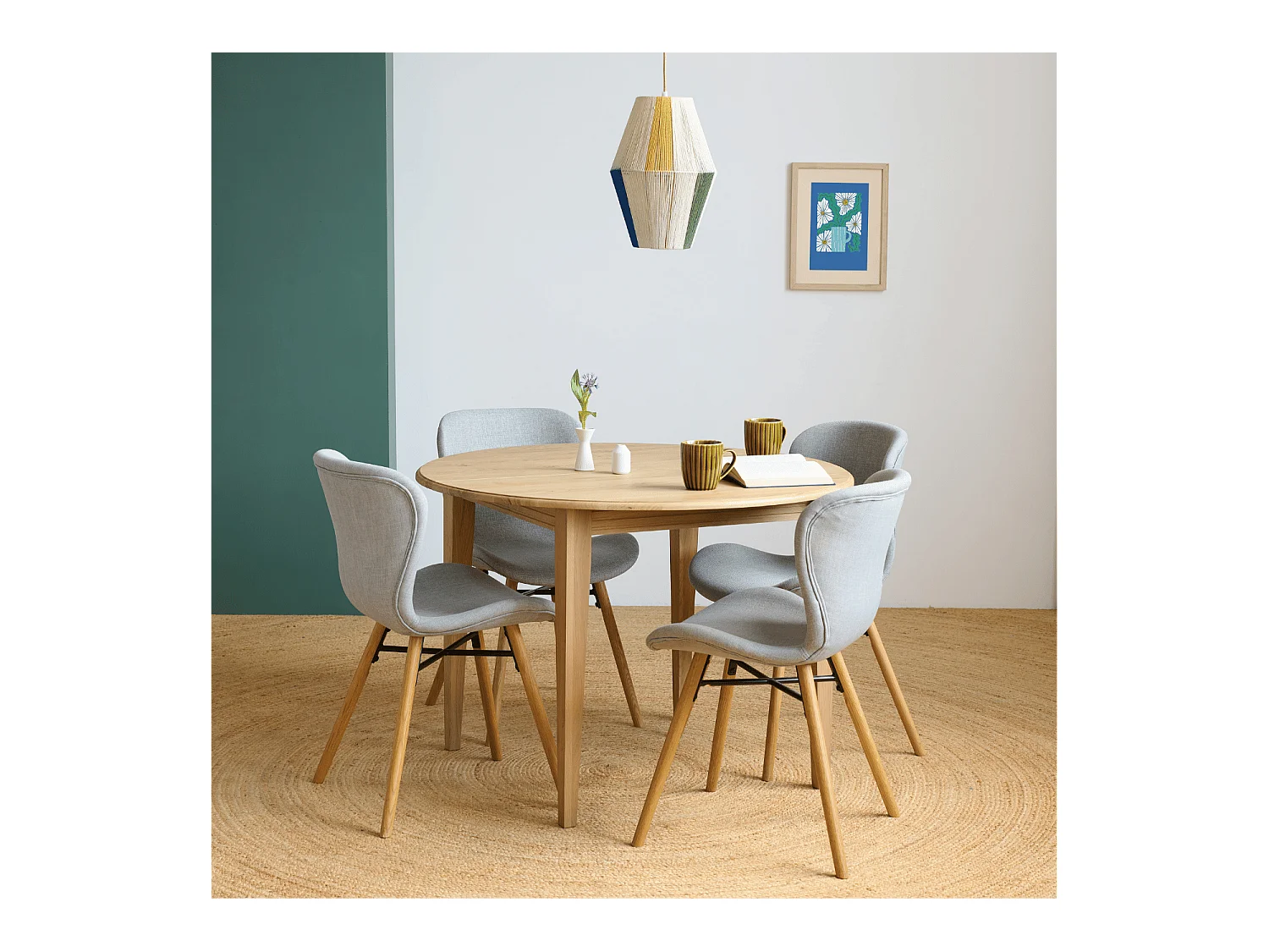 Table ronde extensible pieds fuseau D105 + 4 chaises tissu - VICTORIA