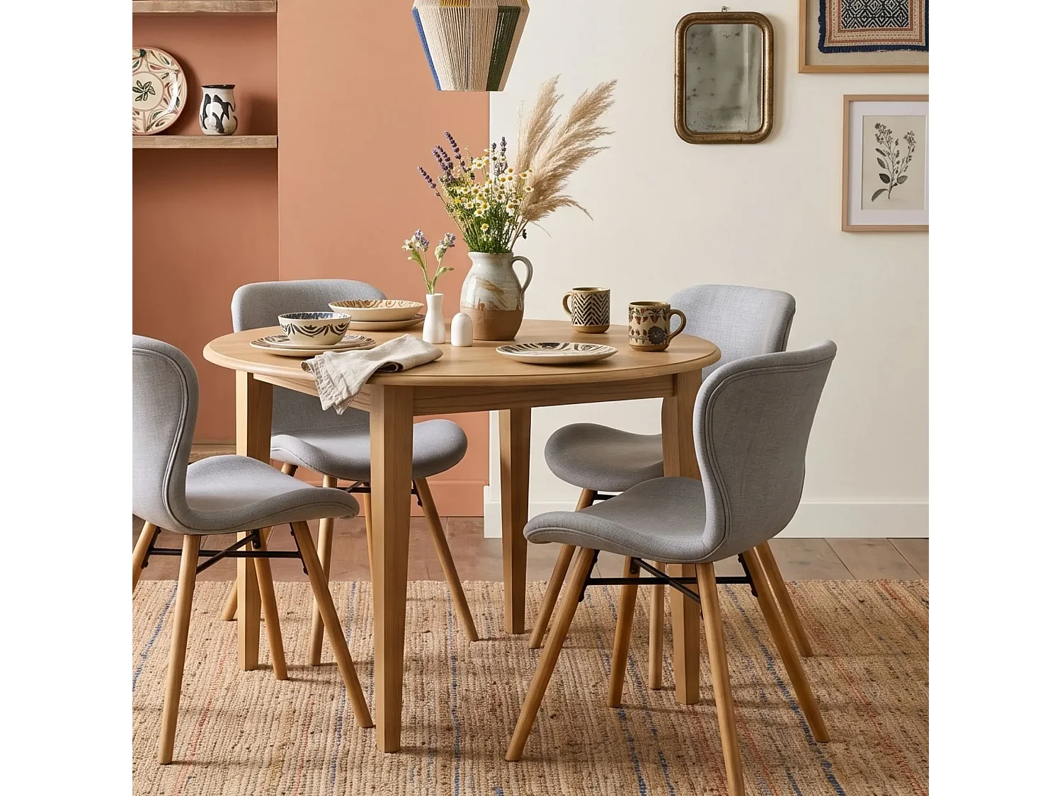 Table ronde extensible pieds fuseau D105 + 4 chaises tissu - VICTORIA