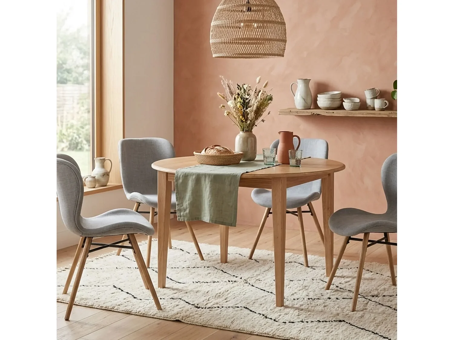 Table ronde extensible pieds fuseau D105 + 4 chaises tissu - VICTORIA