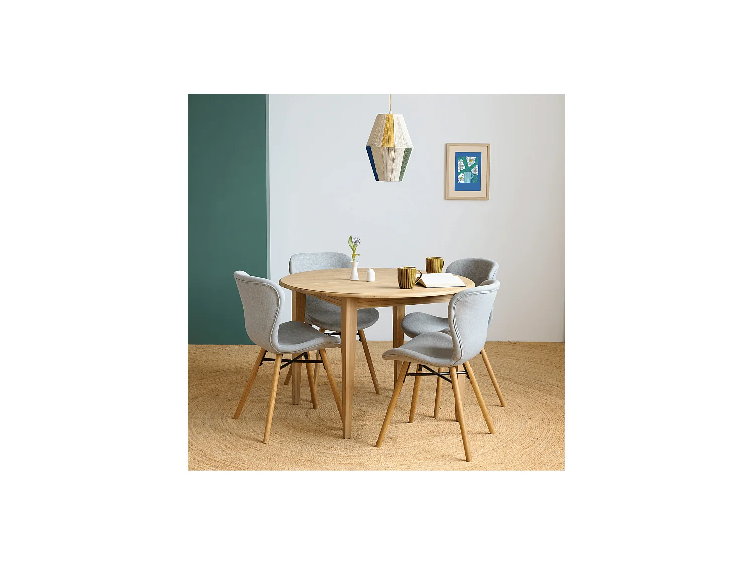 Table ronde extensible pieds fuseau D105 + 4 chaises tissu - VICTORIA