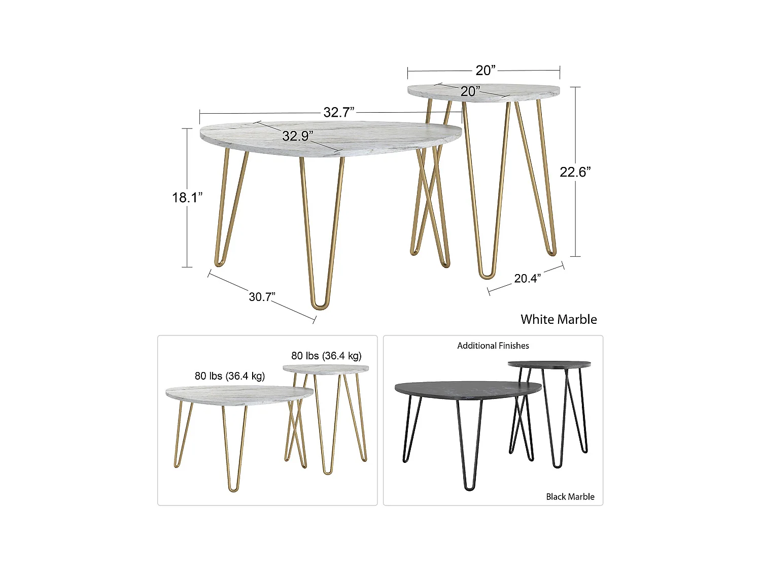 Athena | Beistelltisch 2er-Set in Marmoroptik Schwarz