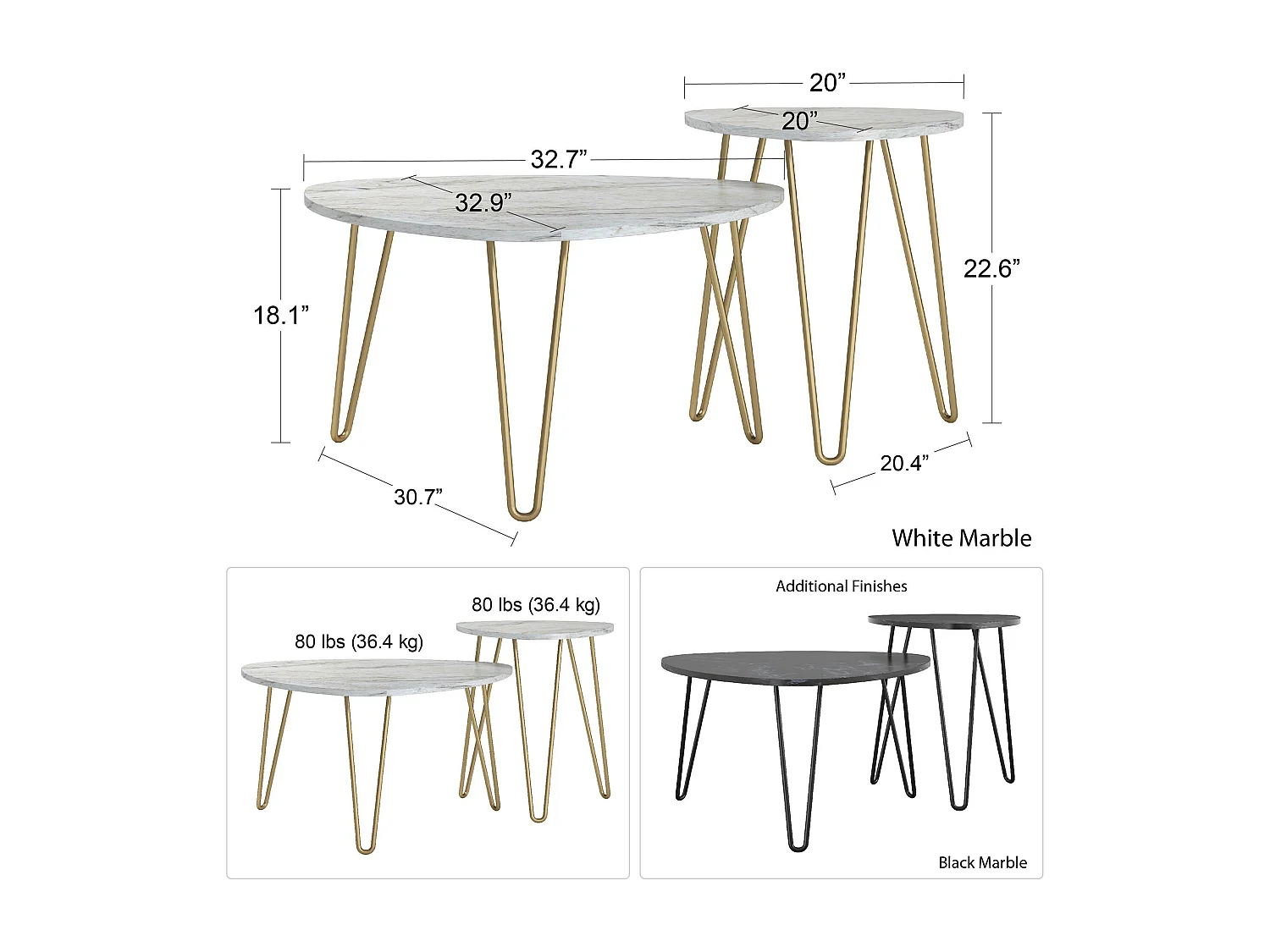 Athena | Nesttafels in effet marmer zwart