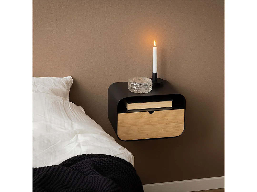 Chevet suspendu rectangulaire métal noir et bambou 1 tiroir 1 niche - JANE