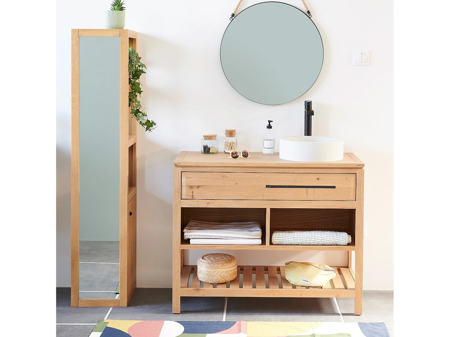 Colonne de salle de bain en chêne avec miroir 3 niche 1 porte - BOSTON
