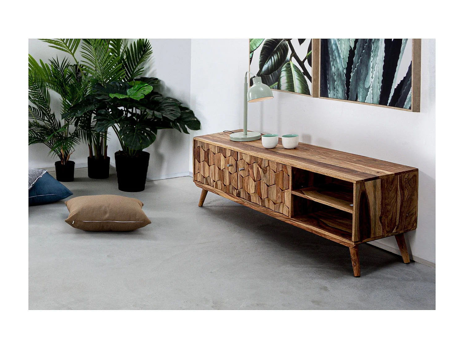 Meuble TV vintage en bois 2 portes + 2 niches L145 - LOCKE
