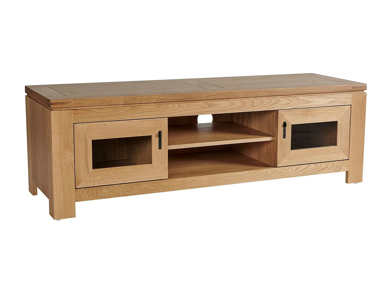 Meuble TV bas moderne en chêne clair 2 portes 2 niches - BOSTON