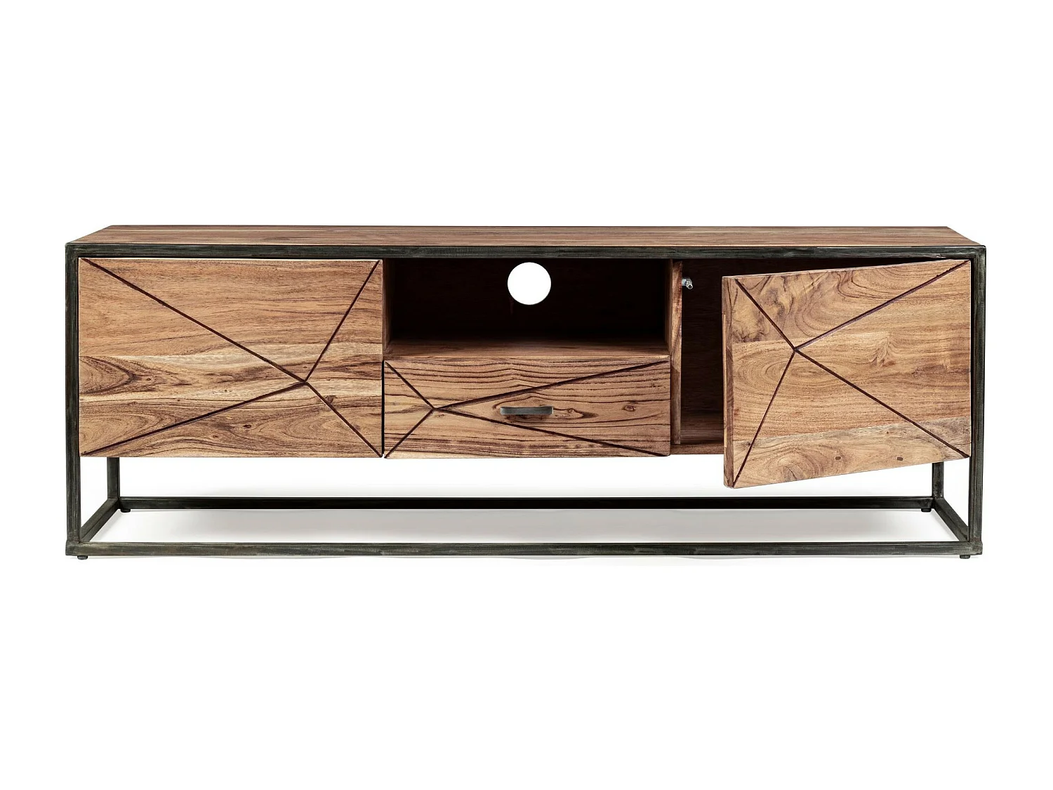 Meuble TV en acacia et en métal 2 portes 1 tiroir 1 niche L145 - ELEANOR