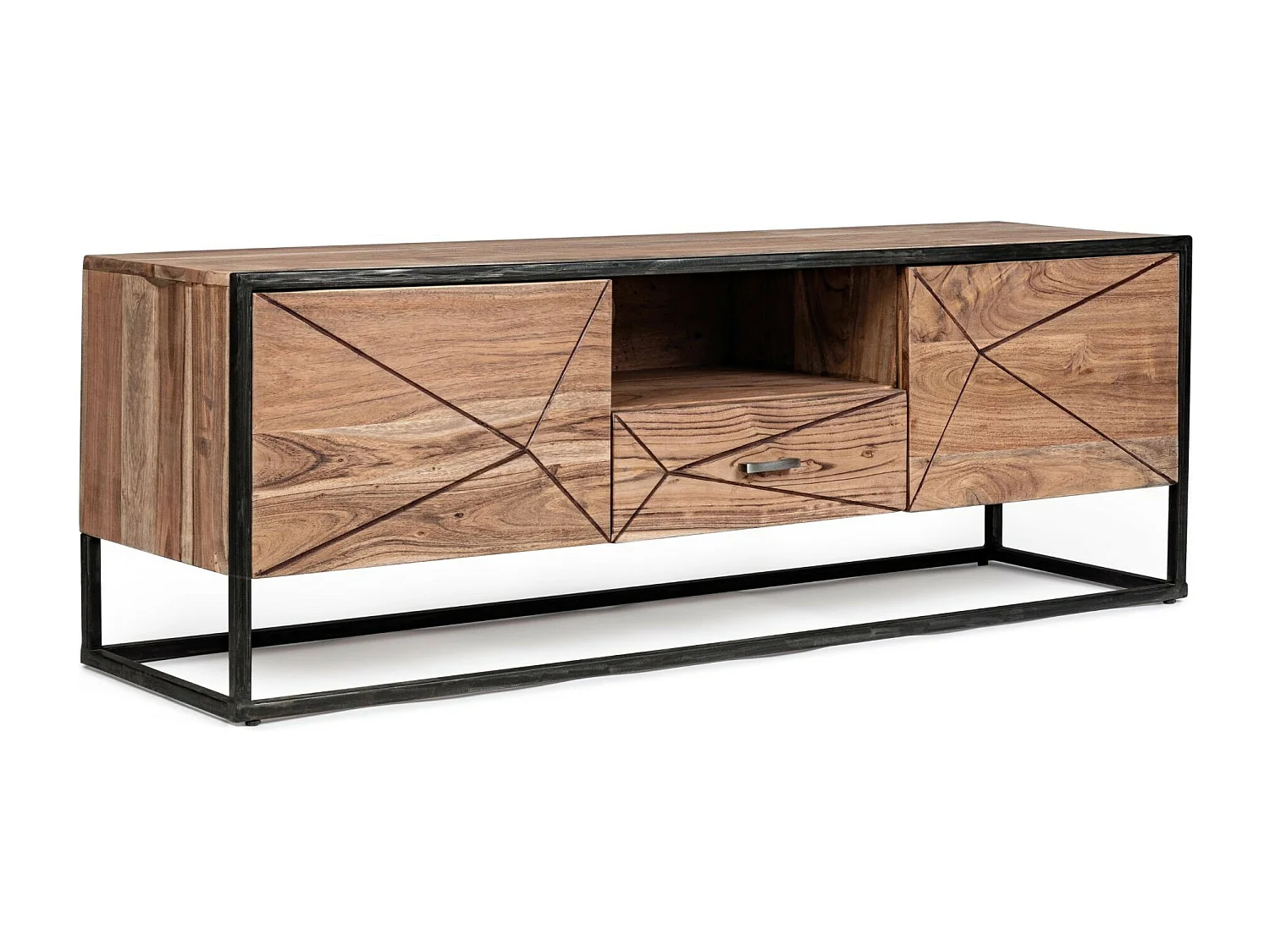 Meuble TV en acacia et en métal 2 portes 1 tiroir 1 niche L145 - ELEANOR