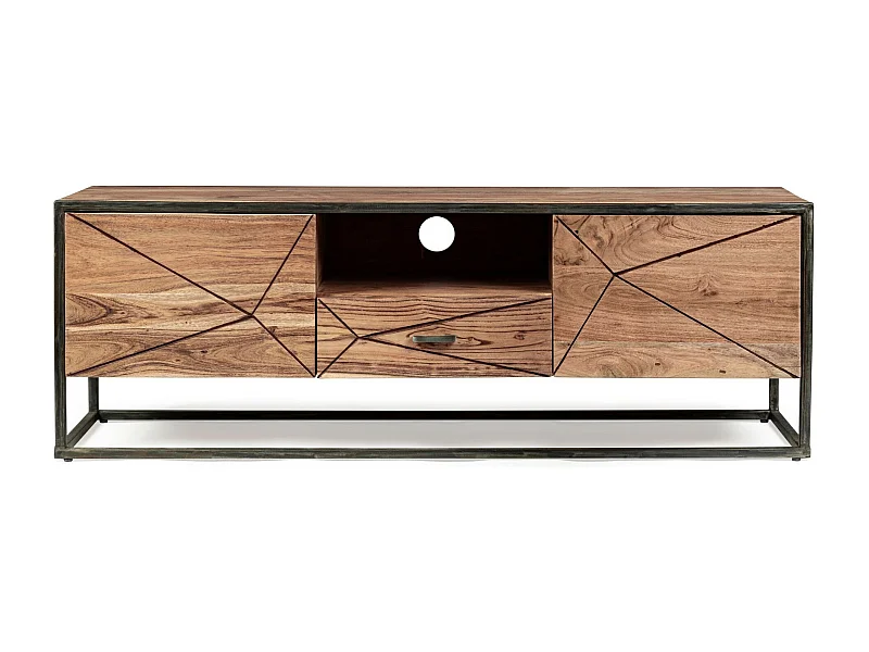 Meuble TV en acacia et en métal 2 portes 1 tiroir 1 niche L145 - ELEANOR