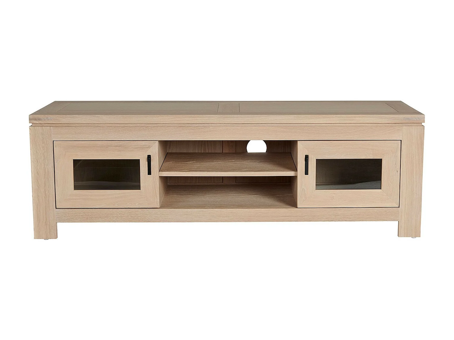 Meuble TV bas moderne en chêne blanchi 2 portes 2 niches - BOSTON