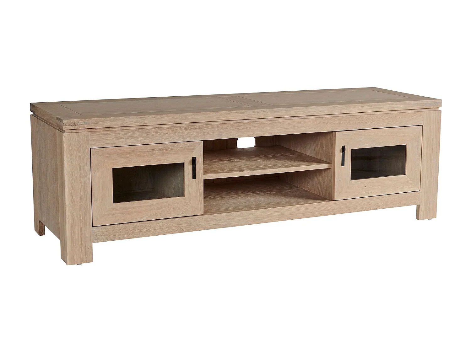 Meuble TV bas moderne en chêne blanchi 2 portes 2 niches - BOSTON
