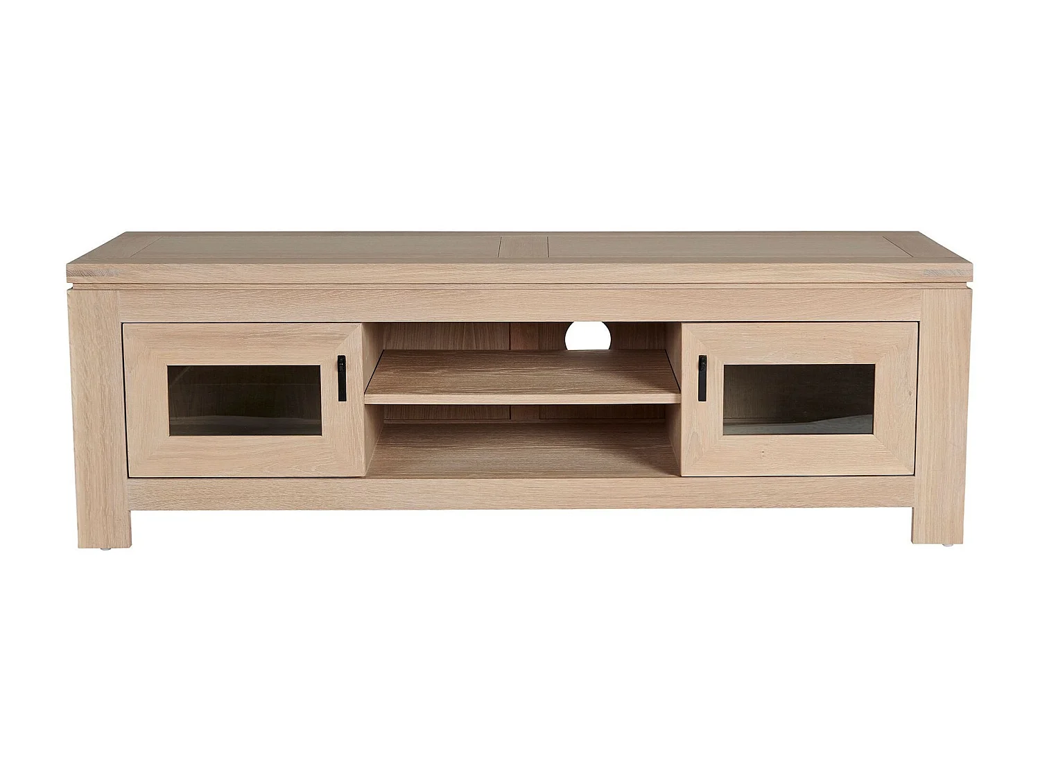 Meuble TV bas moderne en chêne blanchi 2 portes 2 niches - BOSTON