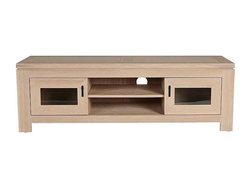 Meuble TV bas moderne en chêne blanchi 2 portes 2 niches - BOSTON