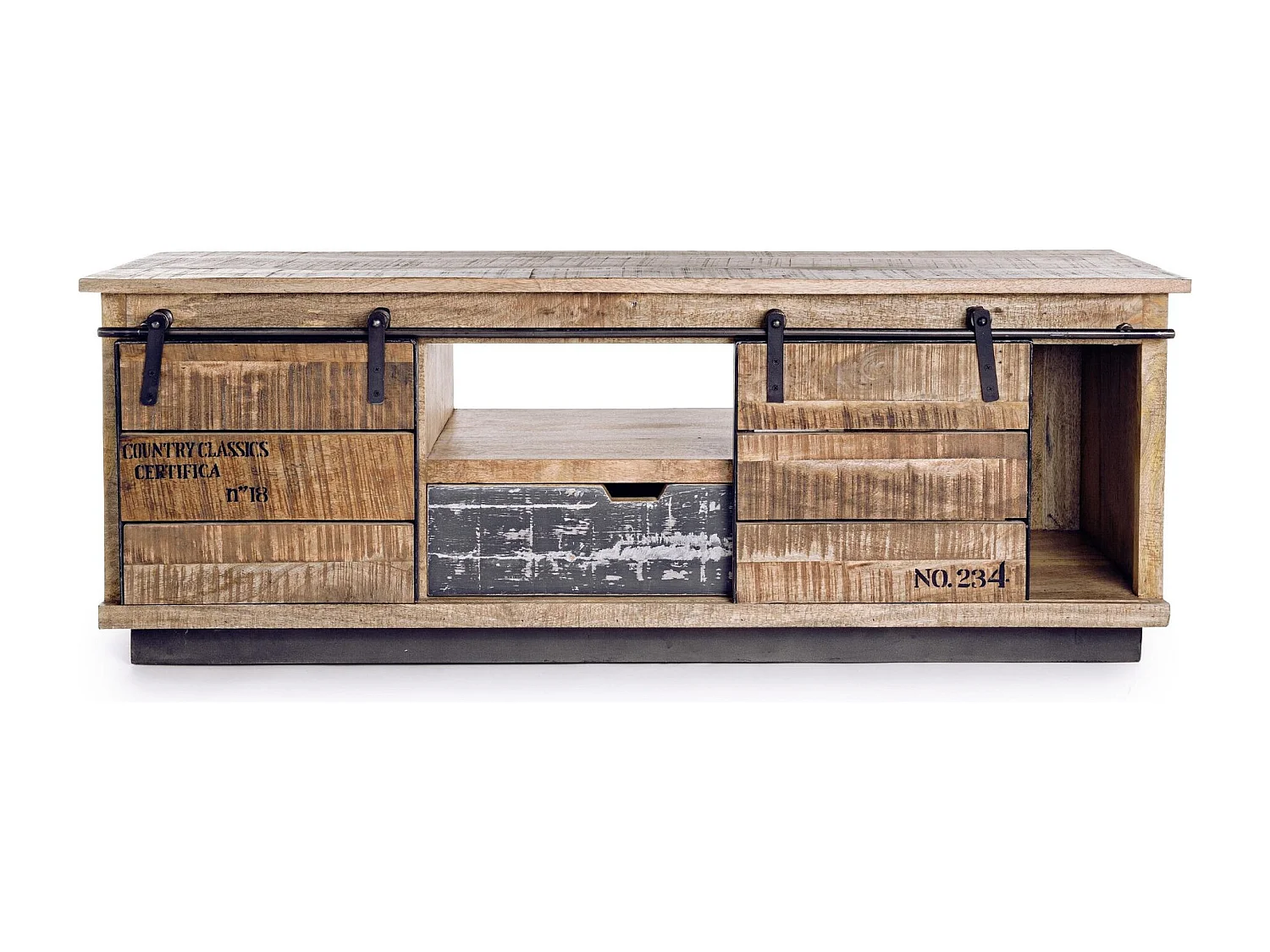 Meuble TV en manguier et métal 2 portes coulissantes 1 tiroir - HARLEM