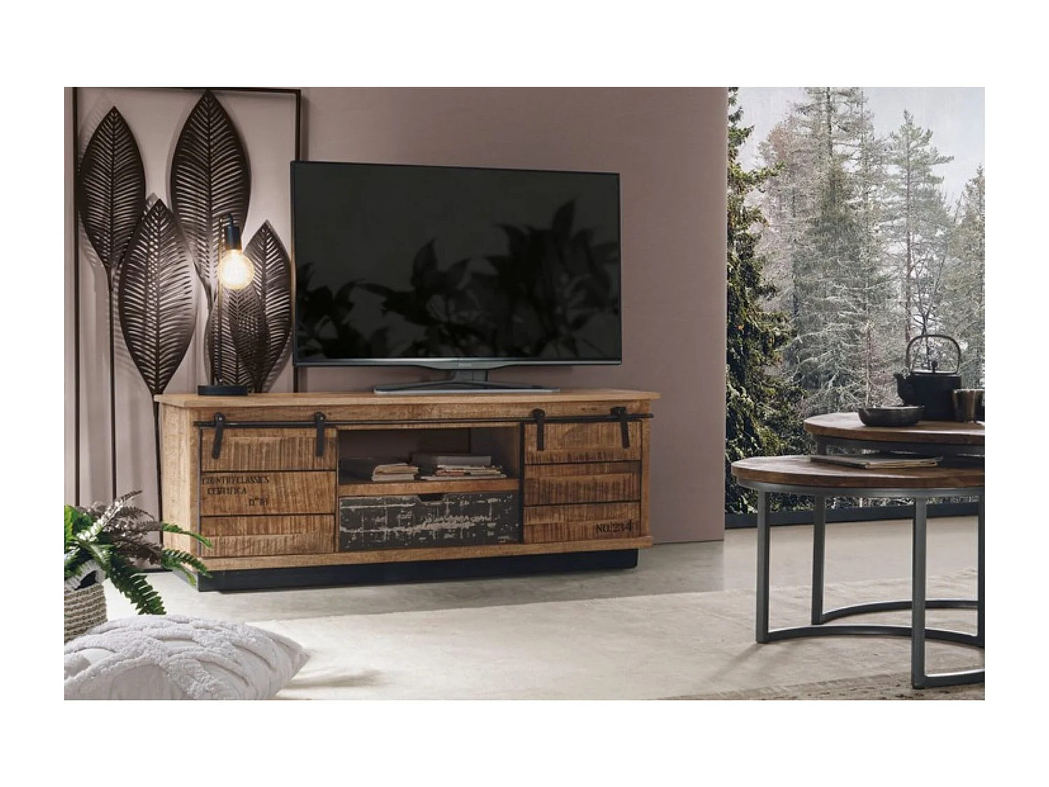 Meuble TV en manguier et métal 2 portes coulissantes 1 tiroir - HARLEM