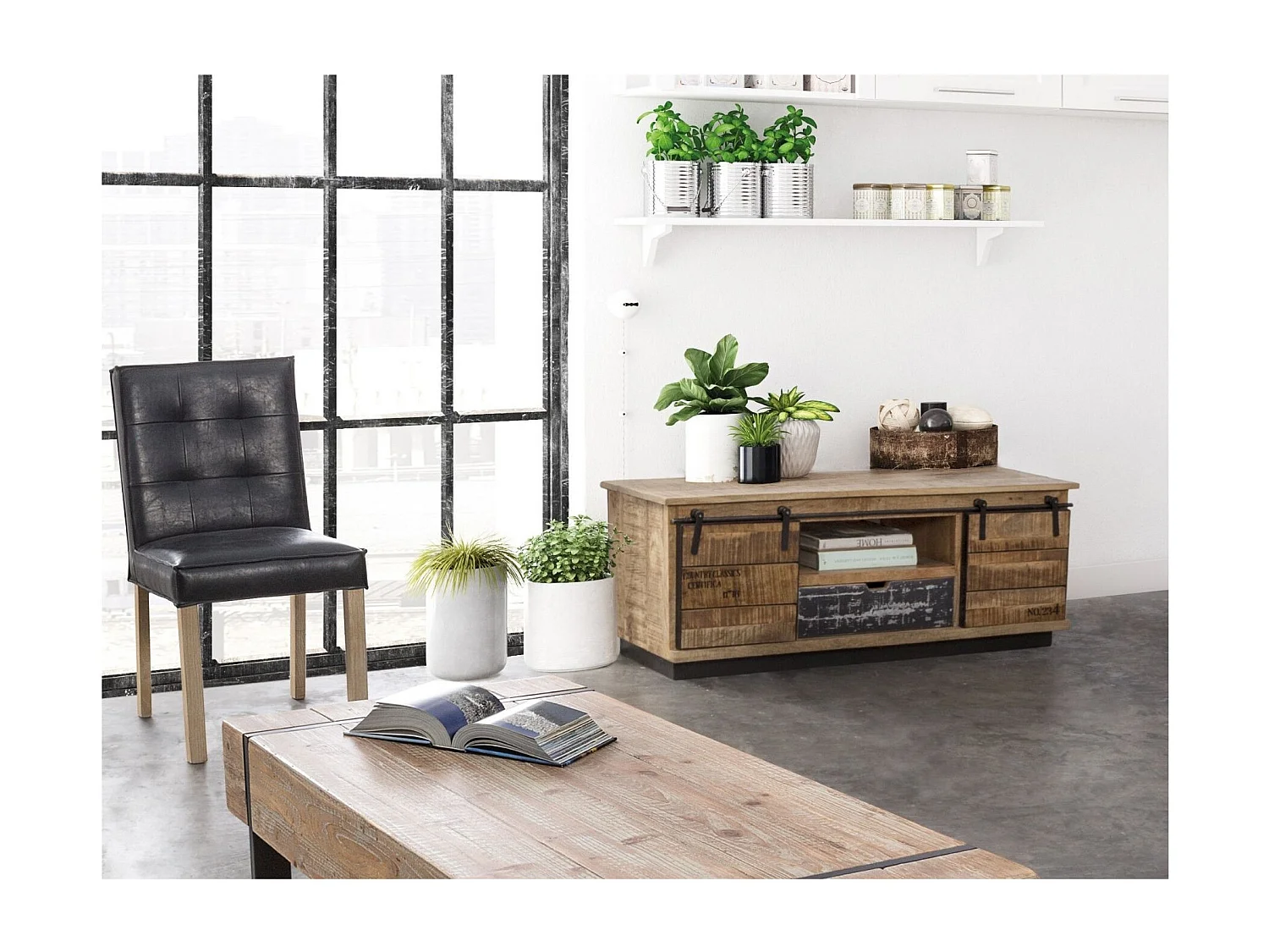 Meuble TV en manguier et métal 2 portes coulissantes 1 tiroir - HARLEM