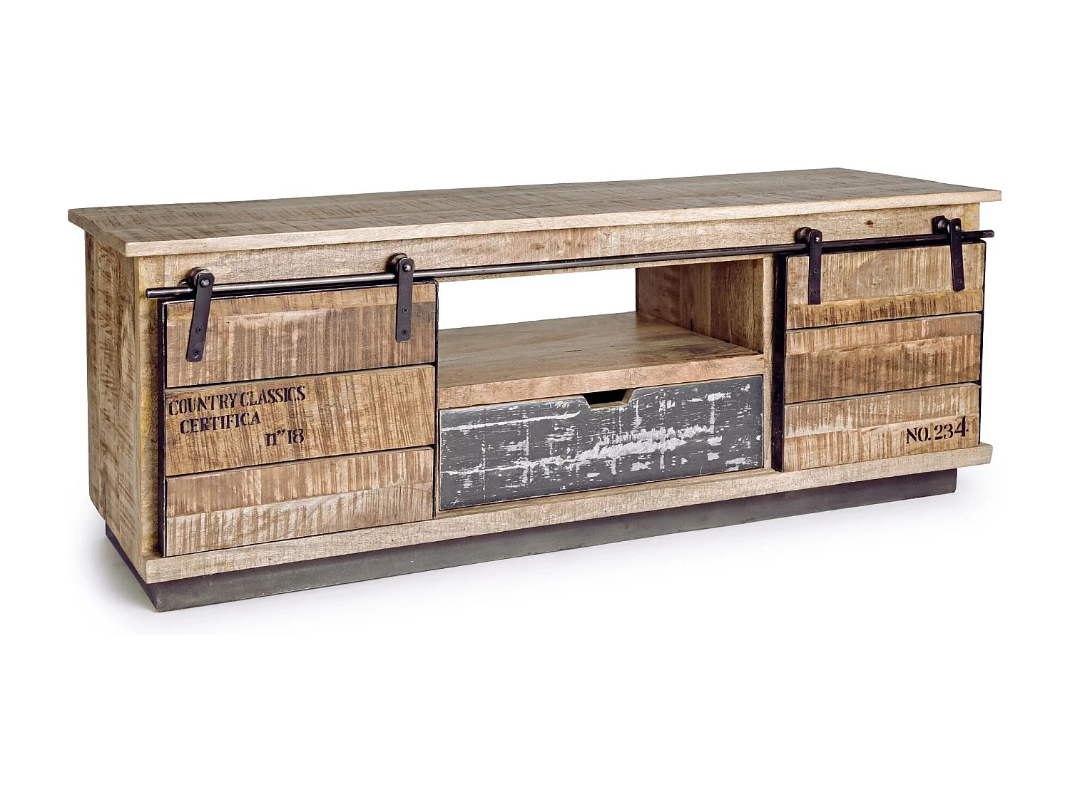 Meuble TV en manguier et métal 2 portes coulissantes 1 tiroir - HARLEM