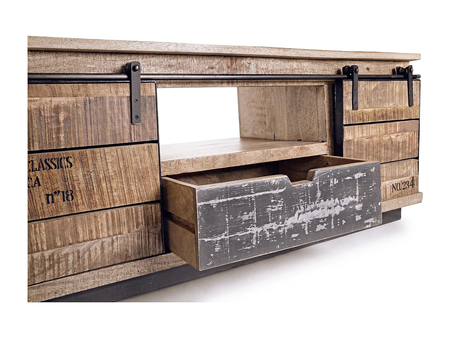 Meuble TV en manguier et métal 2 portes coulissantes 1 tiroir - HARLEM