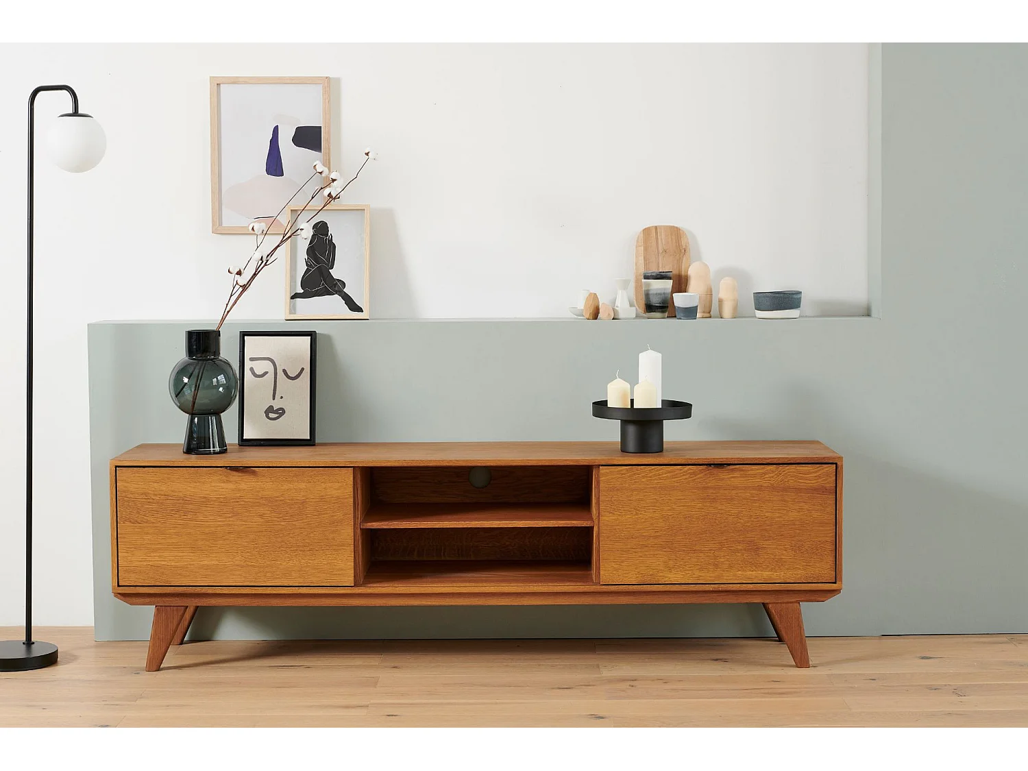 Meuble TV rétro en chêne 2 niches 2 portes L180 noir - MALLET