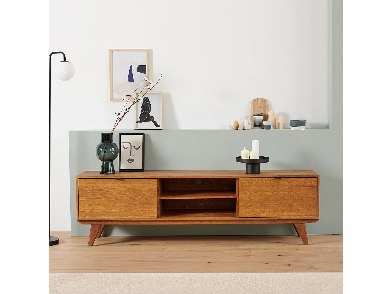 Meuble TV rétro en chêne 2 niches 2 portes L180 noir - MALLET