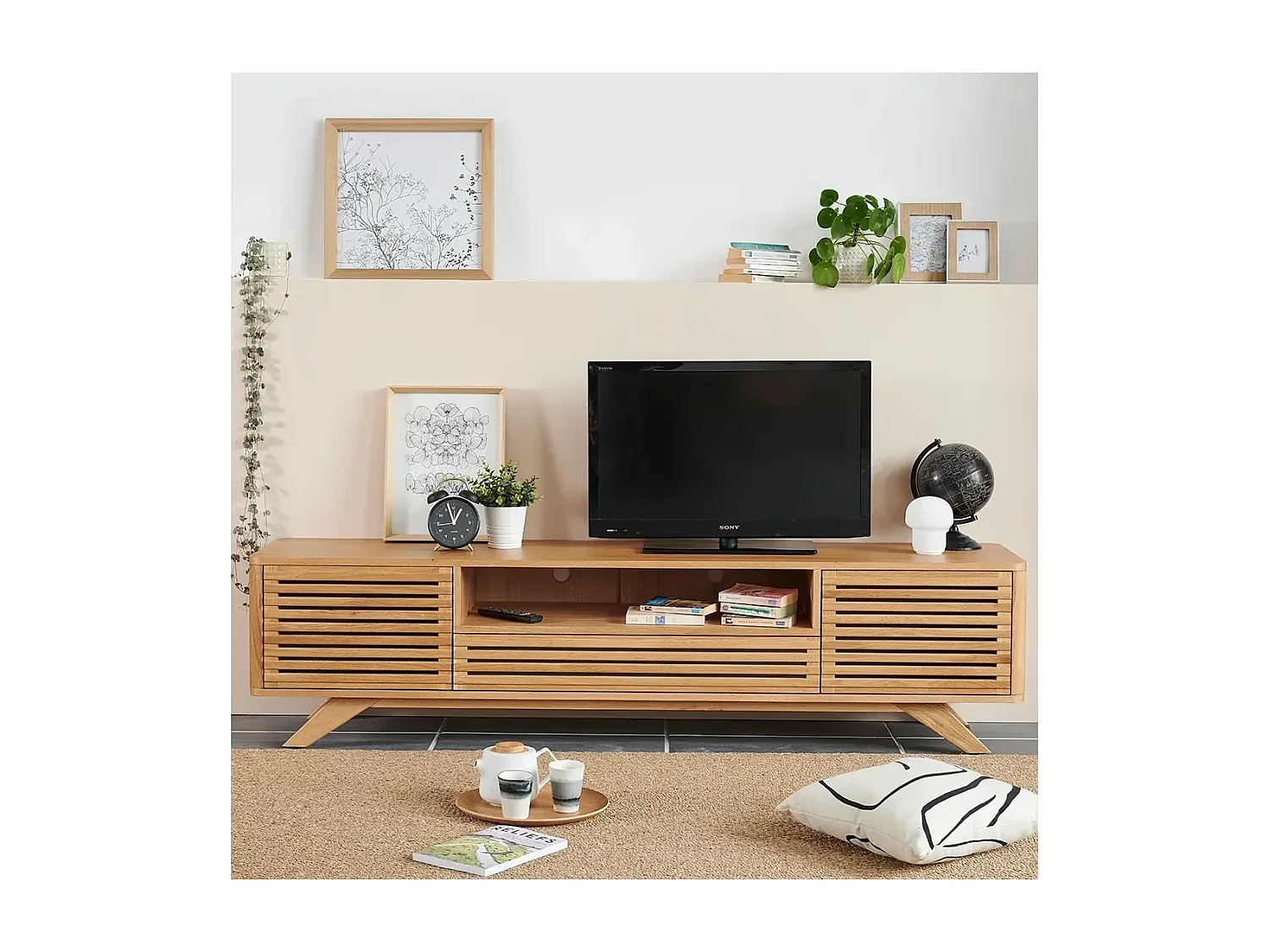 Meuble TV bas moderne en chêne 2 portes 1 tiroir L200 - ALAMA