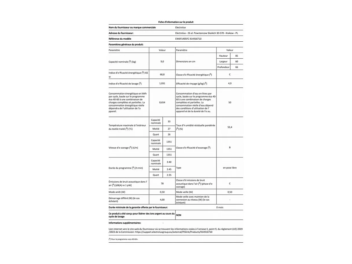 Lave-linge frontaux 9 kgkg 68.6 LL ELECTROLUX 1400tr/min 59.7 cmcm C, EW6F1495FC