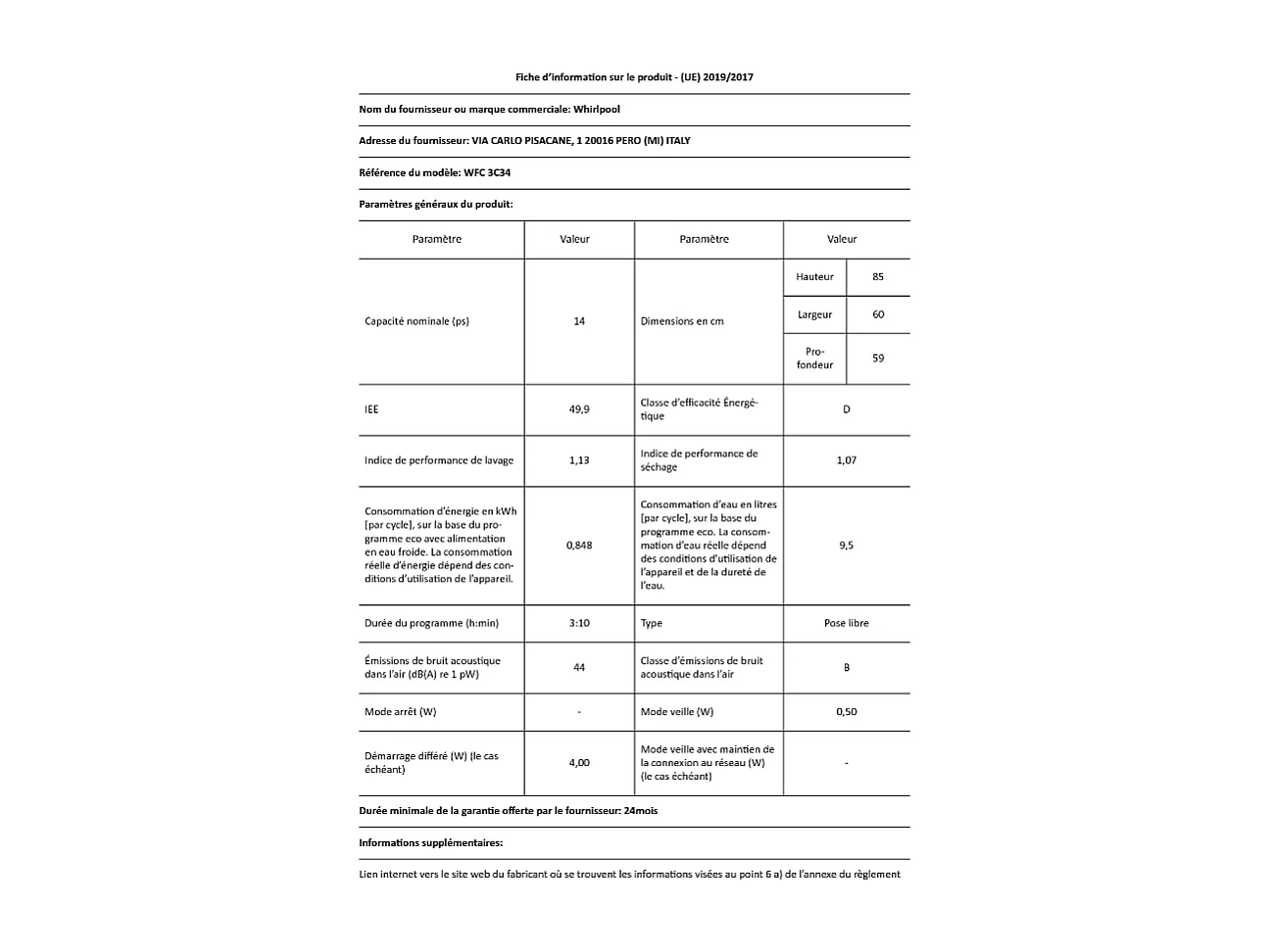 Lave-vaisselle pose libre WHIRLPOOL 14 Couverts 60cm D, WFC3C34