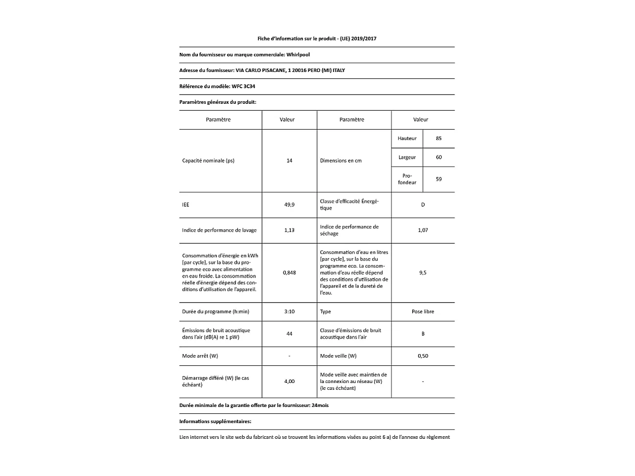 Lave-vaisselle pose libre WHIRLPOOL 14 Couverts 60cm D, WFC3C34