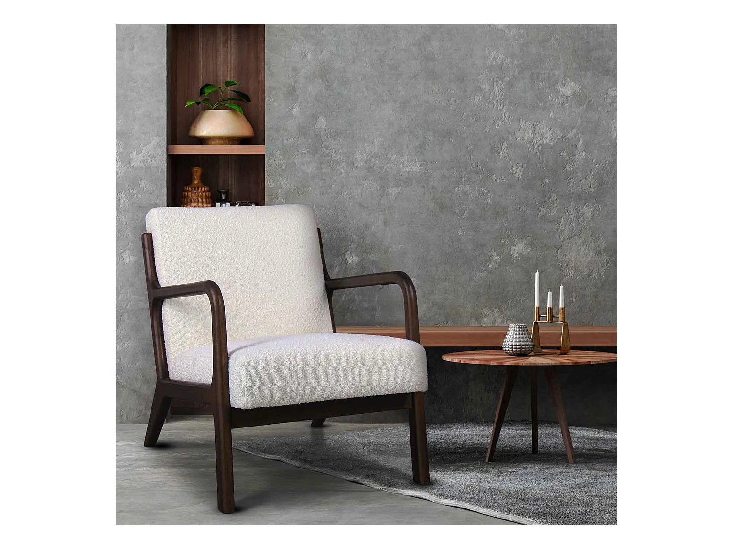 Borgia - Sillón de madera maciza de Parawood y tela bouclè antimanchas