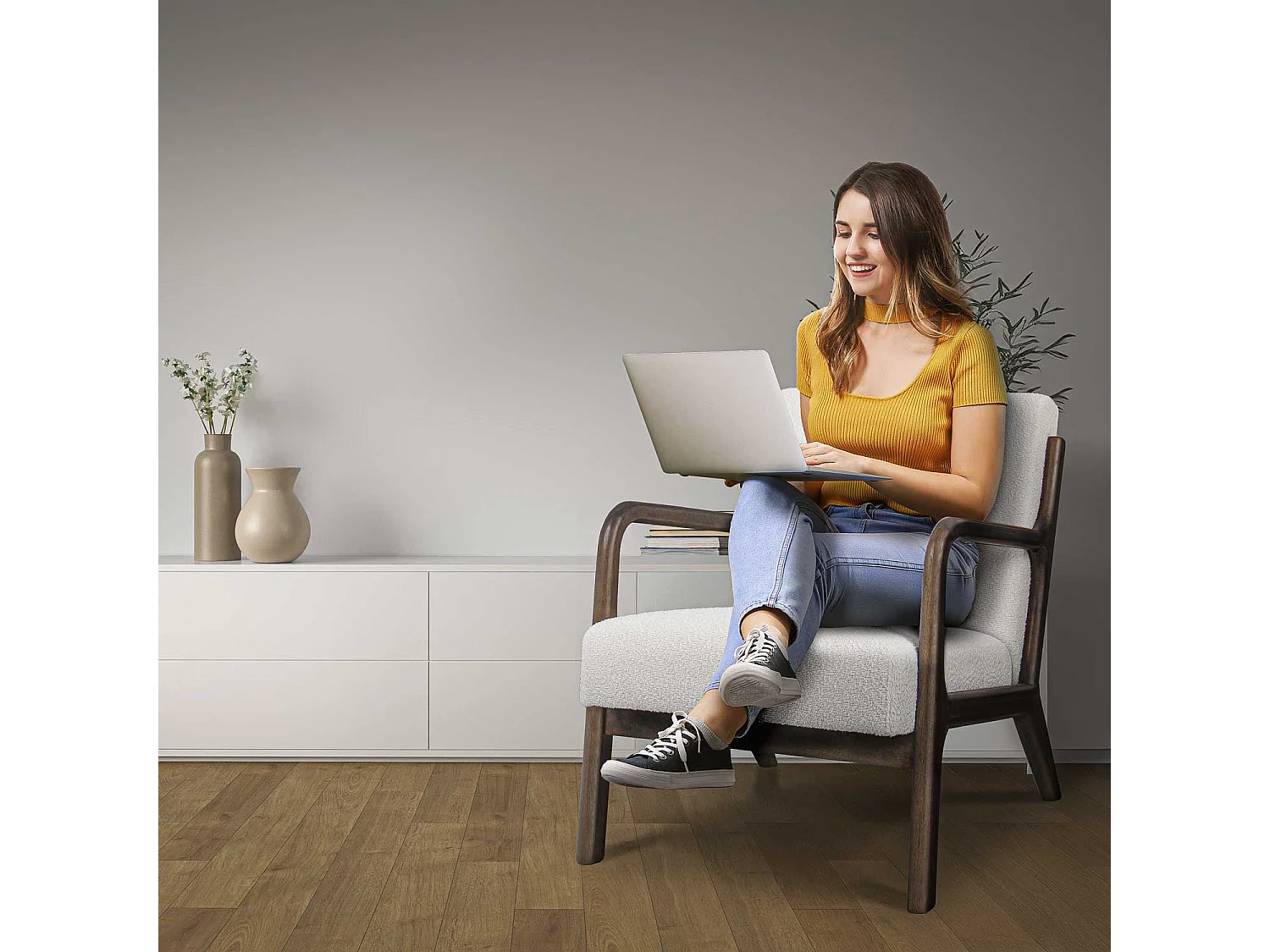 Borgia - Fauteuil en bois massif par Parawood et tissu bouclé anti-tache