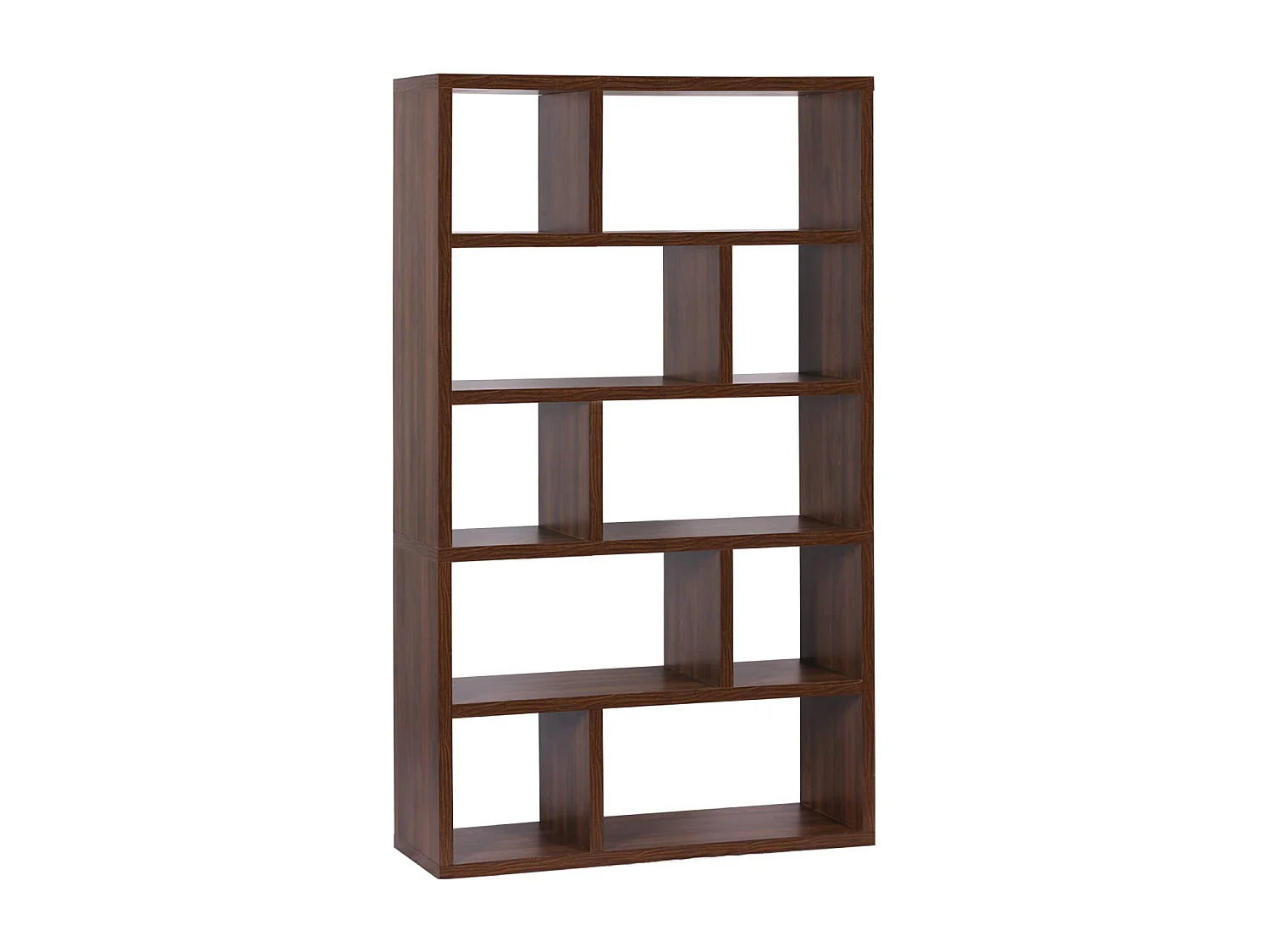 Etagère bibliothèque asymétrique 5 niveaux 10 compartiments. casiers. effet bois de noyer. L 111.2 x P 39 x H 190cm