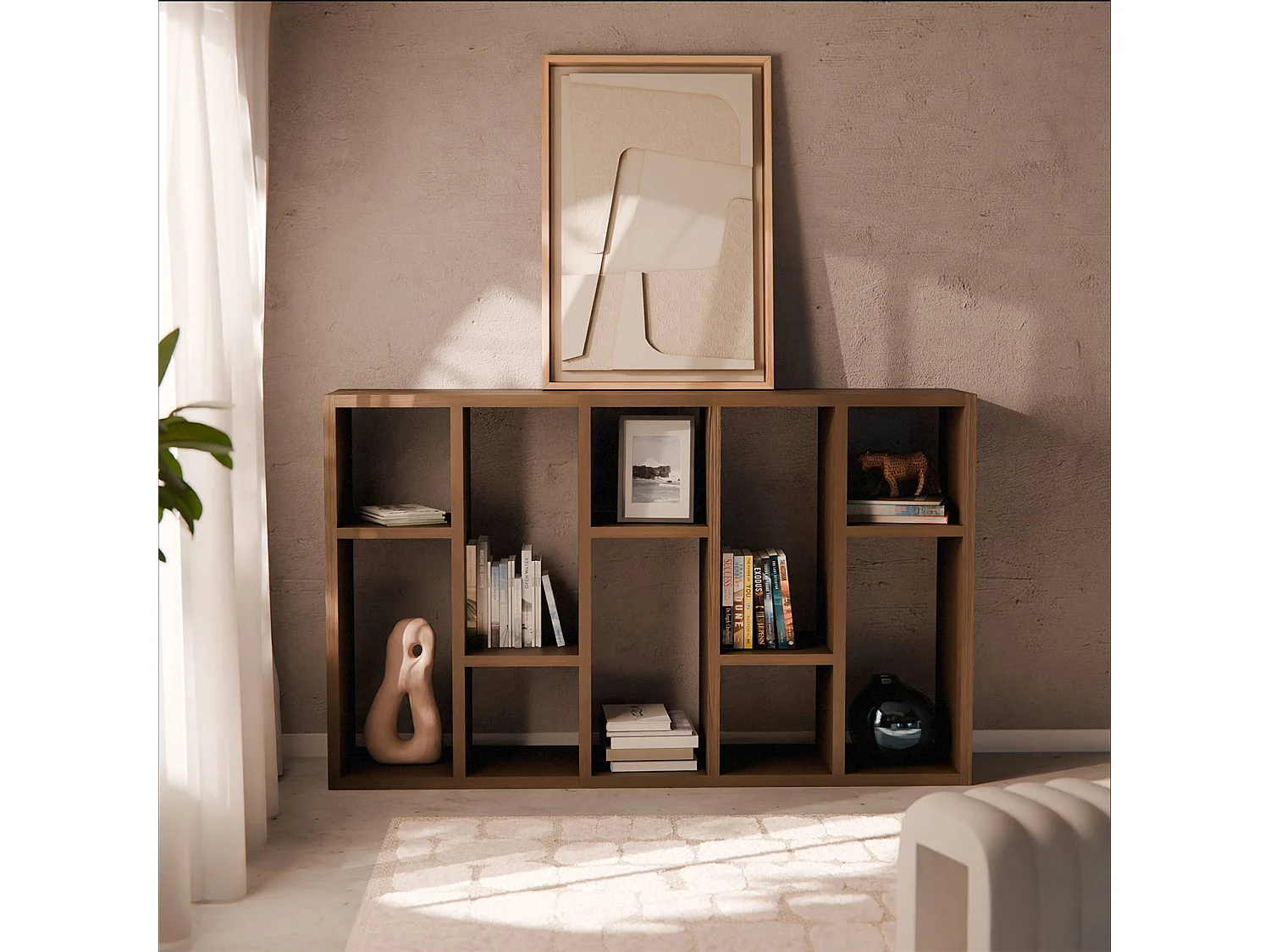 Etagère bibliothèque asymétrique 5 niveaux 10 compartiments. casiers. effet bois de noyer. L 111.2 x P 39 x H 190cm