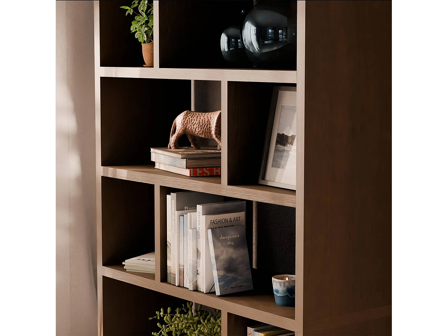 Etagère bibliothèque asymétrique 5 niveaux 10 compartiments. casiers. effet bois de noyer. L 111.2 x P 39 x H 190cm