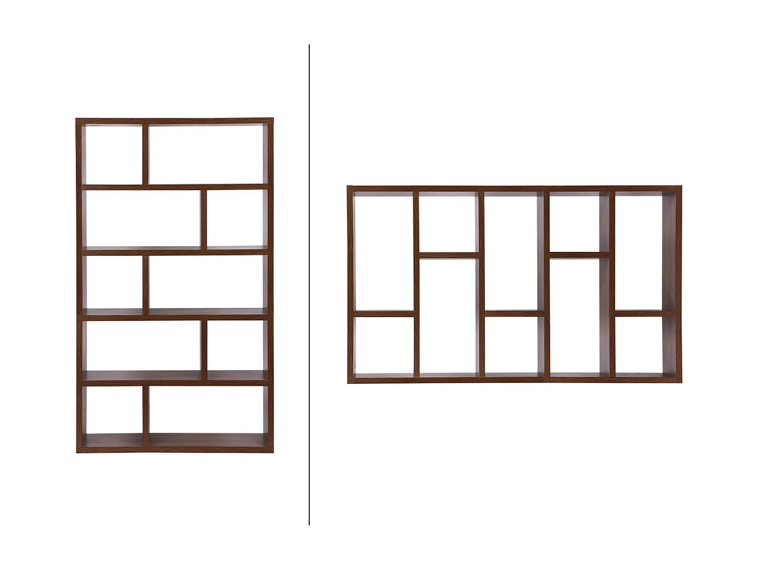 Etagère bibliothèque asymétrique 5 niveaux 10 compartiments. casiers. effet bois de noyer. L 111.2 x P 39 x H 190cm