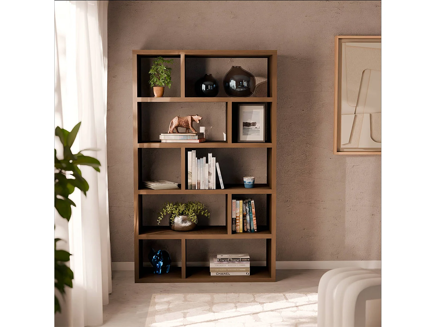 Etagère bibliothèque asymétrique 5 niveaux 10 compartiments. casiers. effet bois de noyer. L 111.2 x P 39 x H 190cm