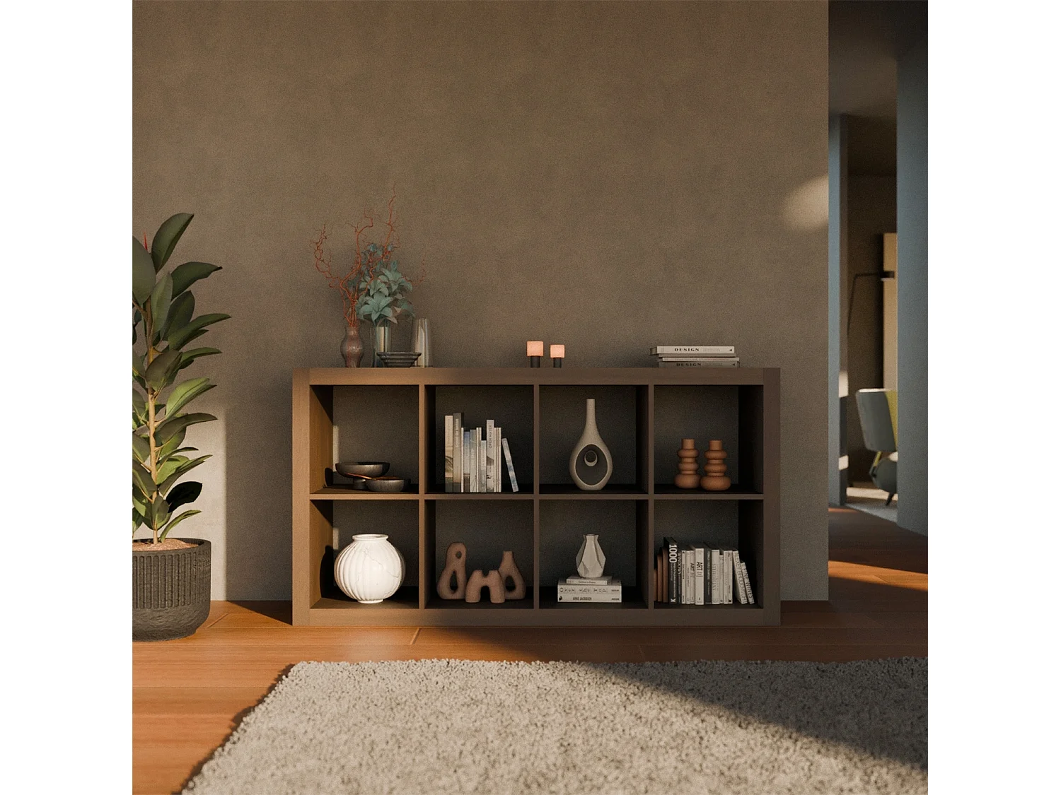 Etagère bibliothèque 4 niveaux 8 compartiments. casiers. effet bois de noyer. L 76 x P 39 x H 146cm