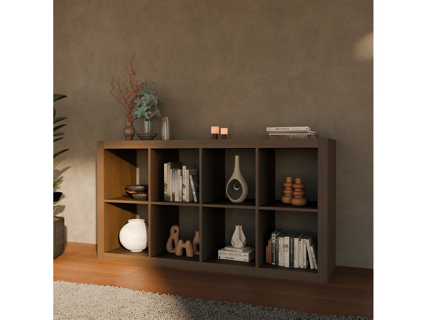 Etagère bibliothèque 4 niveaux 8 compartiments. casiers. effet bois de noyer. L 76 x P 39 x H 146cm