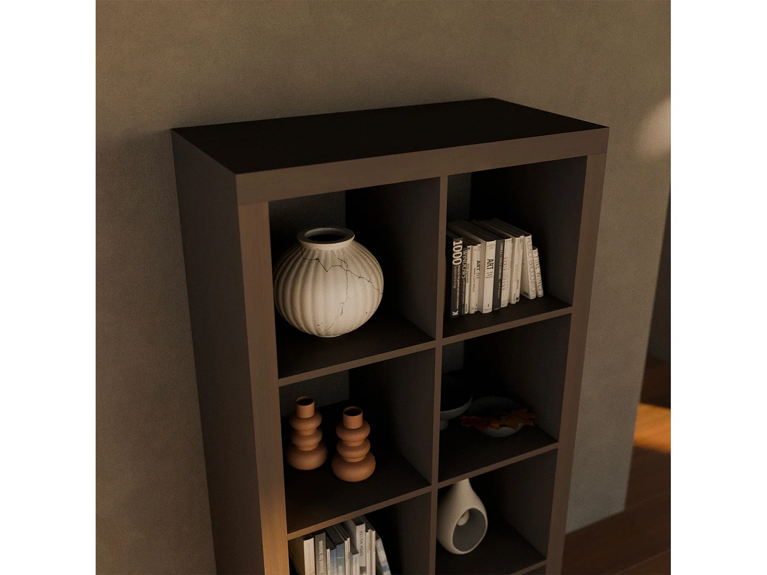 Etagère bibliothèque 4 niveaux 8 compartiments. casiers. effet bois de noyer. L 76 x P 39 x H 146cm