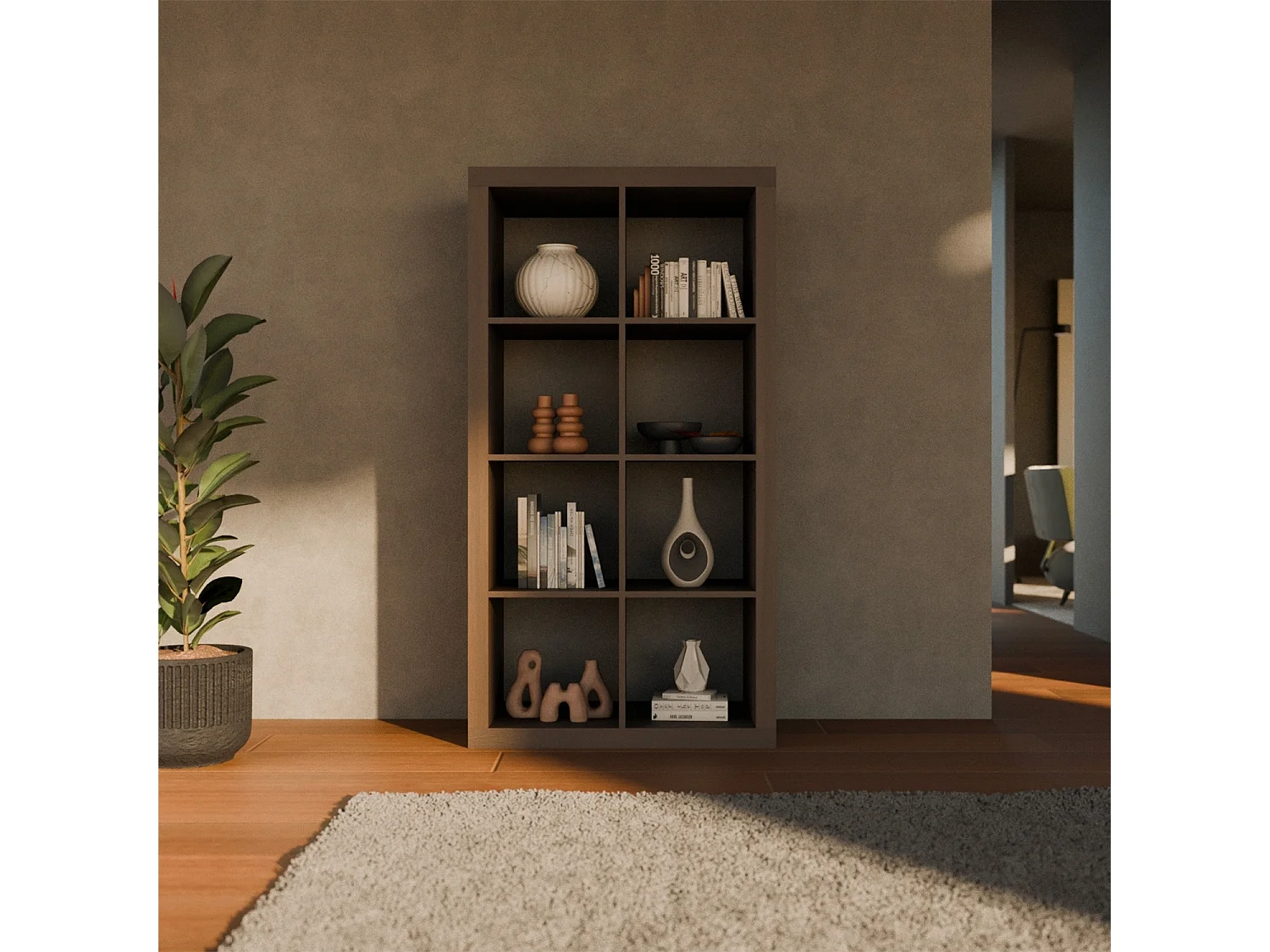 Libreria a 4 livelli con 8 scomparti, noce