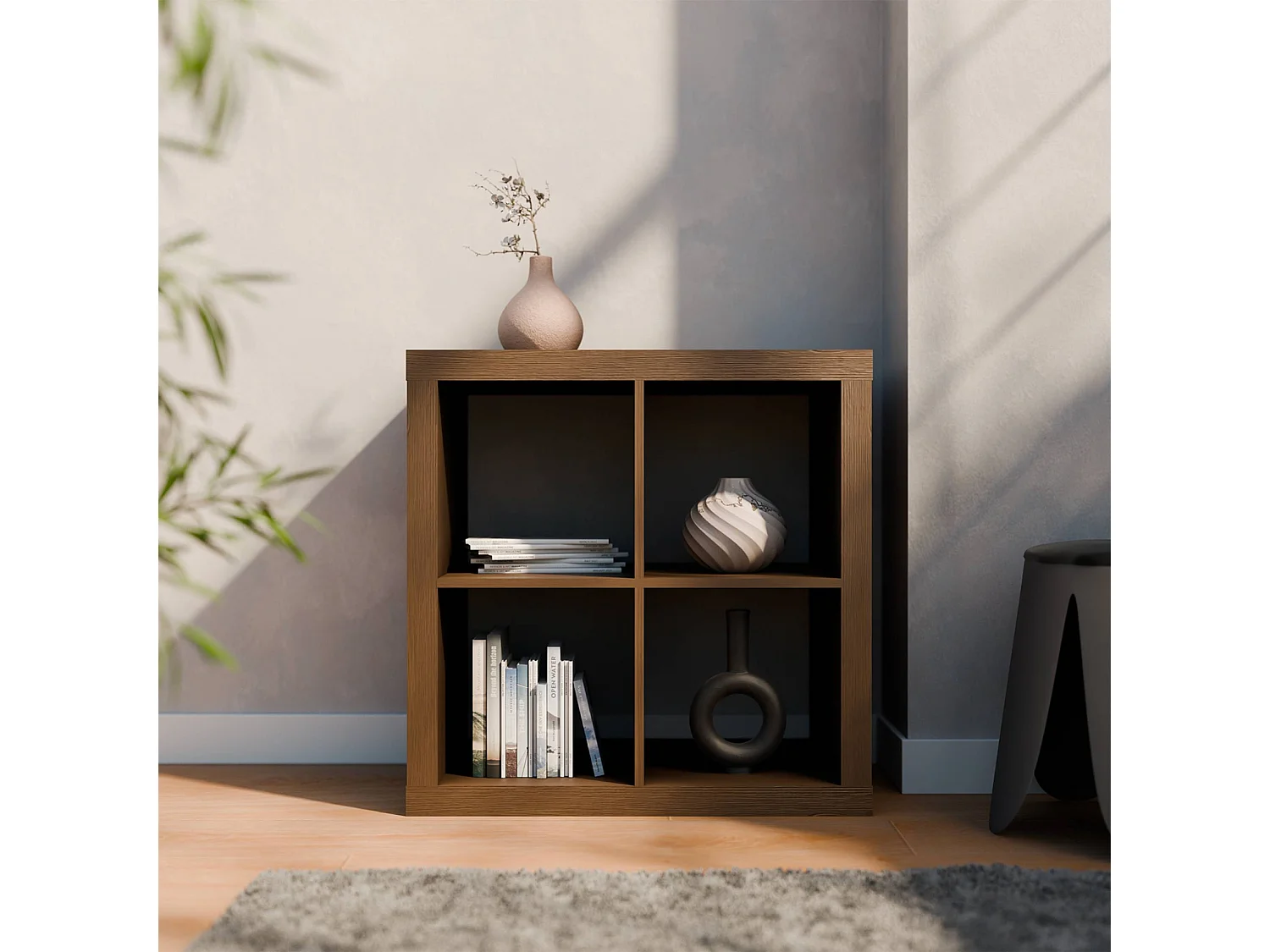 Etagère bibliothèque cubique 2 niveaux 4 compartiments. casiers. effet bois de noyer. L 76 x P 39 x H 76cm