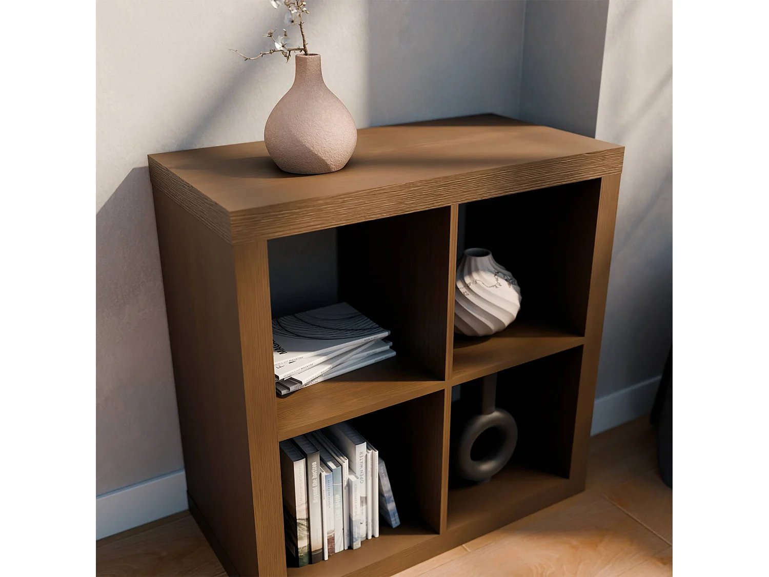 Etagère bibliothèque cubique 2 niveaux 4 compartiments. casiers. effet bois de noyer. L 76 x P 39 x H 76cm