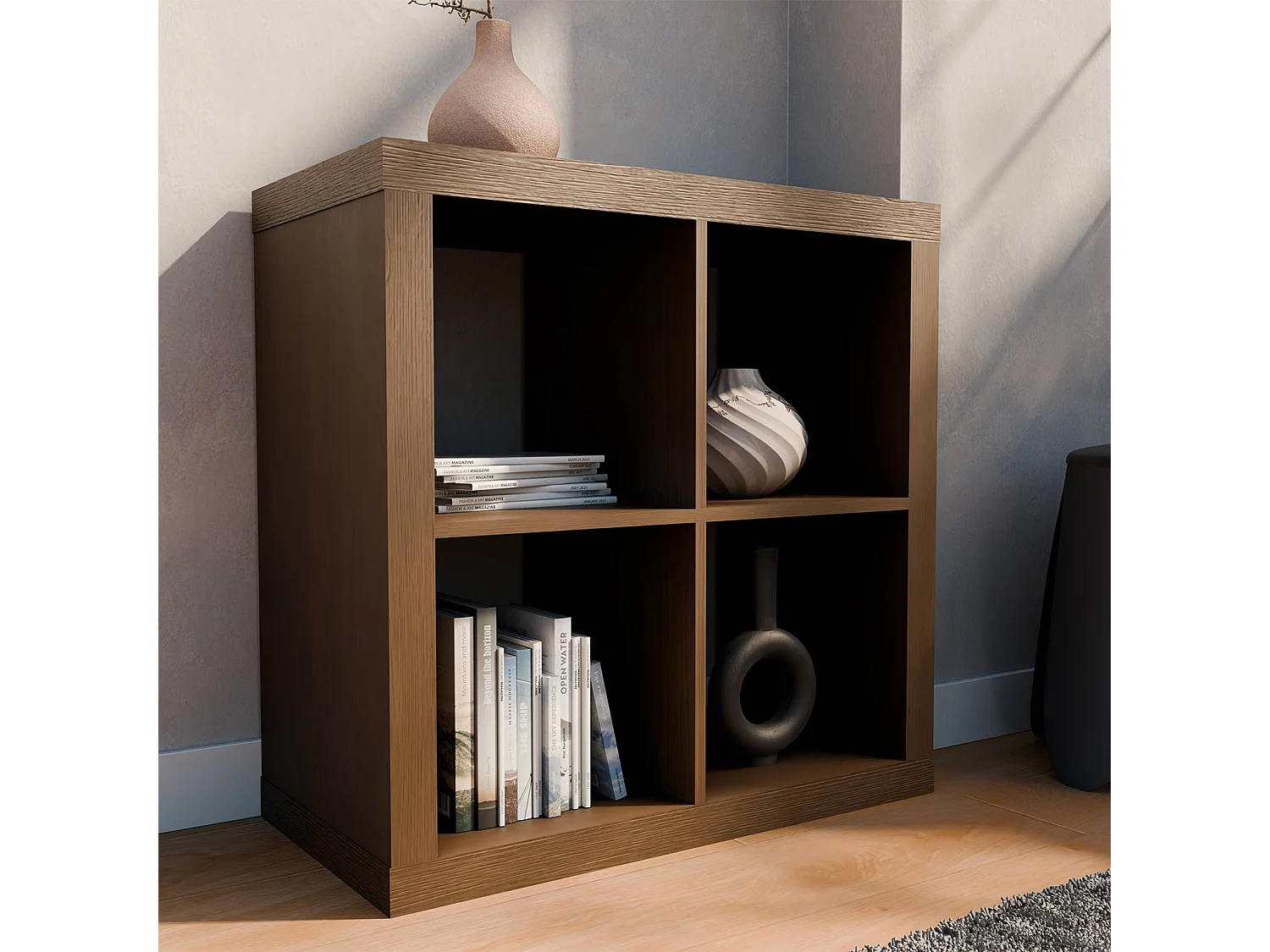 Etagère bibliothèque cubique 2 niveaux 4 compartiments. casiers. effet bois de noyer. L 76 x P 39 x H 76cm